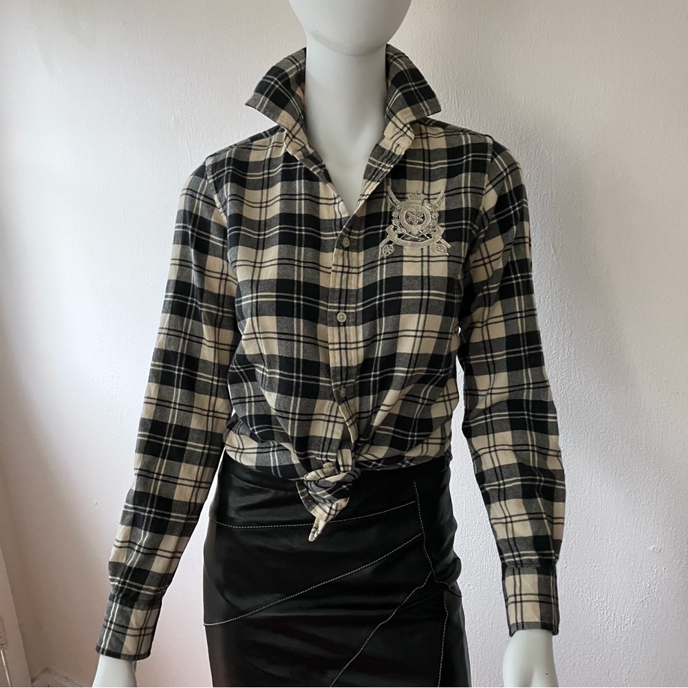 Ralph Lauren blue label cotton/wool button down plaid shirt w/beaded logo shield